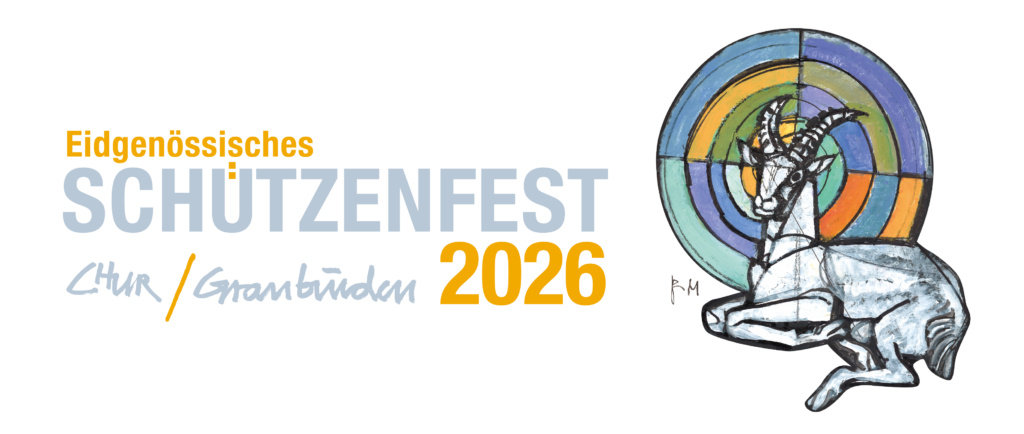 Offizielles Logo des Eidgenössischen Schützenfests 2026 in Chur: Ein stilisierter Steinbock, das Wahrzeichen Graubündens, vor einer dekorativen, farbenfrohen Zielscheibe – ein Symbol für Schiesssport, Tradition und die Schweizer Schützenkultur.